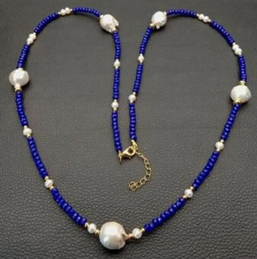 Freshwater White Keshi Pearl Blue Jade Long Necklace 32